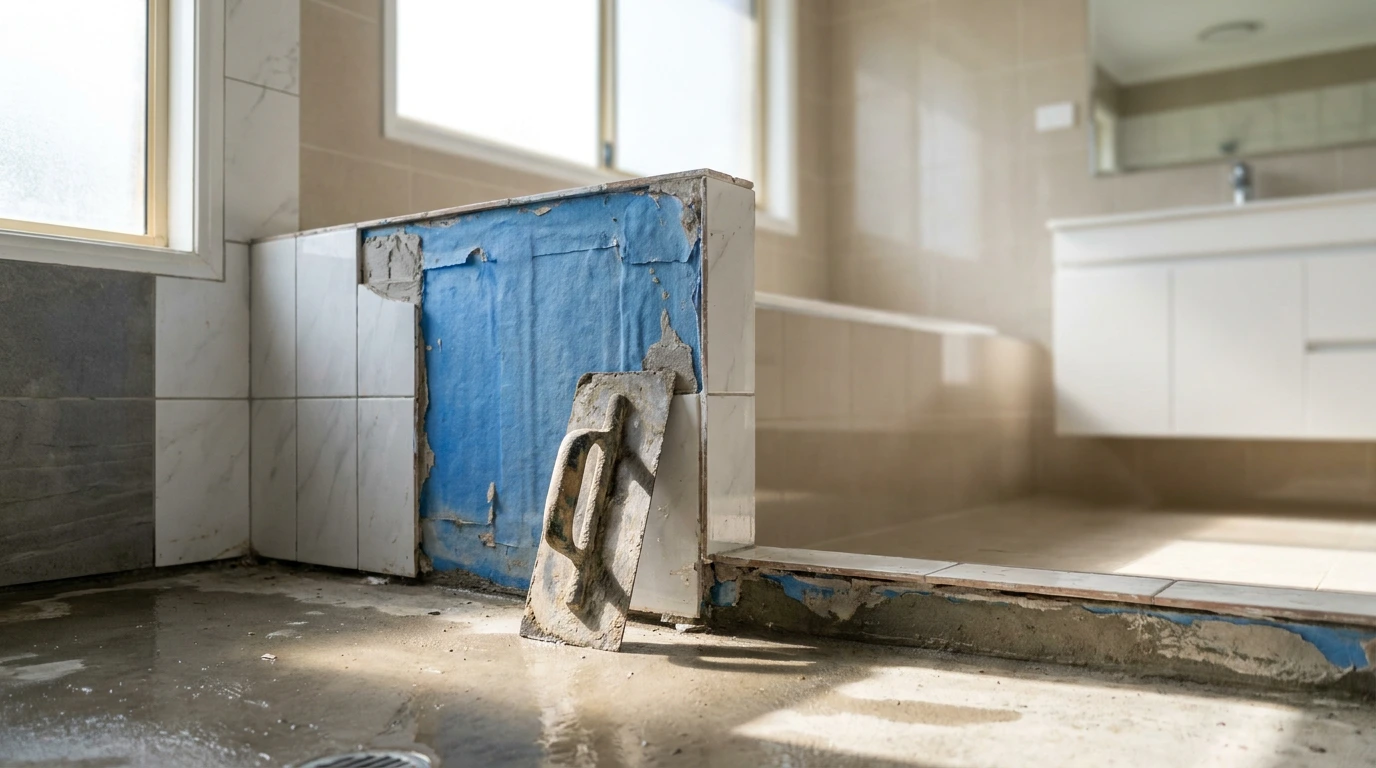 Shower hob stripped back to blue waterproofing membrane mid-repair